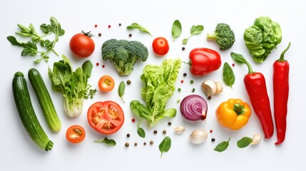 Fresh vegetables, herbs, and spices arranged on white background.