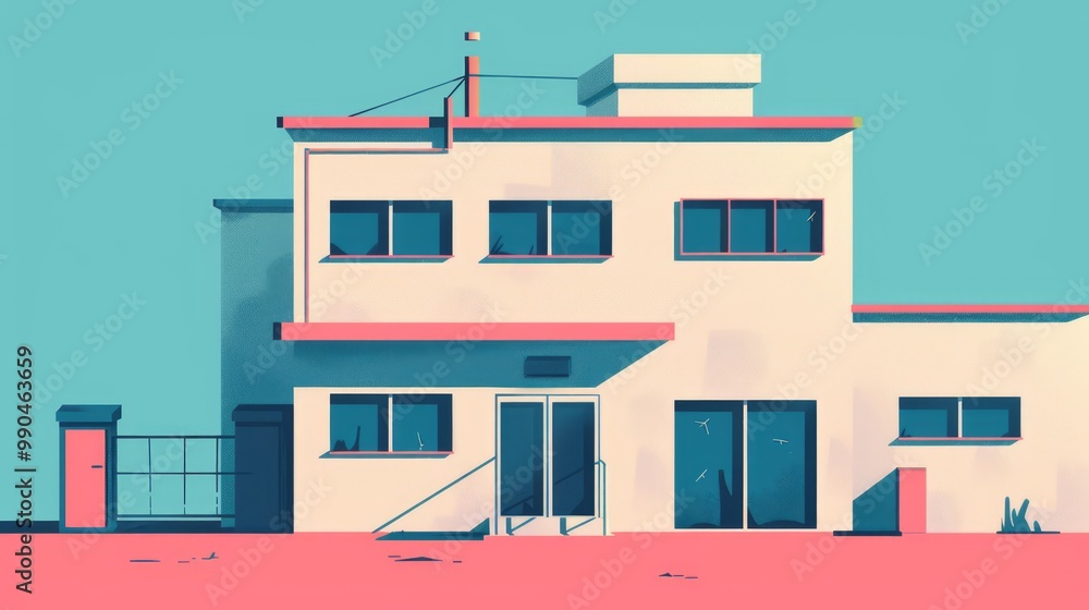 Poster abandoned building front view design in flat style