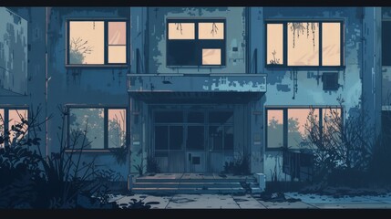 Abandoned Building Front View in Urban Landscape