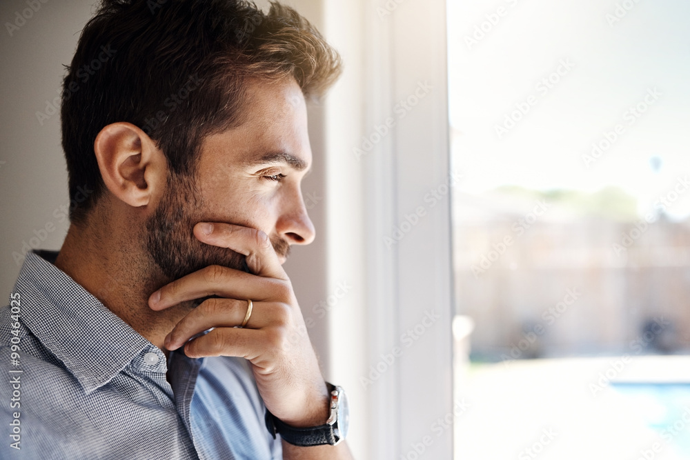 Poster house, thinking and man with ideas, window and contemplation with decision, choice and professional.