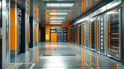 Obraz premium Within a cutting-edge data center, sleek servers line the walls, humming softly as they process vast amounts of data in a vibrant and high-tech environment