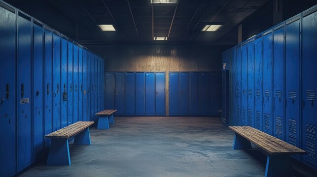 A row of blue lockers in a dark room with two wooden benches