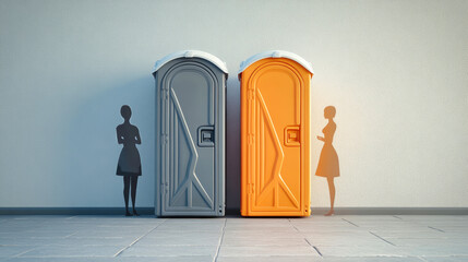 A man stands by a bright orange portable toilet, while a woman leans against a gray one, creating a whimsical and colorful scene