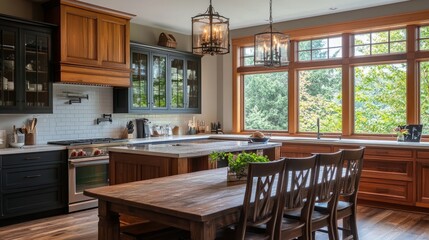 Cozy kitchen space with a large island, wooden dinner table, and a cabinet near a window that brings in natural light.