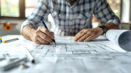 Architect working on a blueprint of a building, meticulously drawing and editing technical plans in a bright, modern office environment.