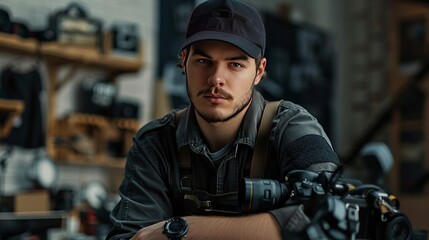 Fototapeta premium Passionate photographer wearing his uniform, comfortably seated in his workspace, illustrating the artistic dedication and meticulous nature of photography