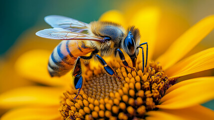 Close-up of a bee on a sunflower, showcasing intense detail and vibrant yellow hues in a natural macro shot