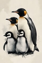 Obraz premium Charming Watercolor Depiction of Penguins in Familial Embrace