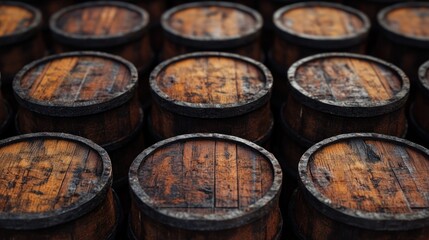 Fototapeta premium Close-up of multiple aged wooden barrels with metal bands.