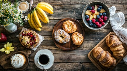 Fototapeta premium A rustic wooden table set for breakfast with a variety of pastries, fruit, and coffee. 