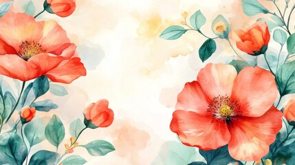 Watercolor painting of red flowers and green leaves.