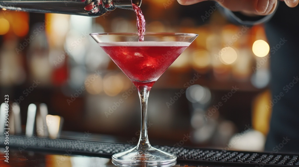 Wall mural close-up of a bartender pouring a red cocktail into a martini glass on a bar counter.