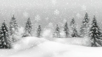 Fototapeta premium A snowy white background with pine trees and falling snowflakes on a transparent background. 