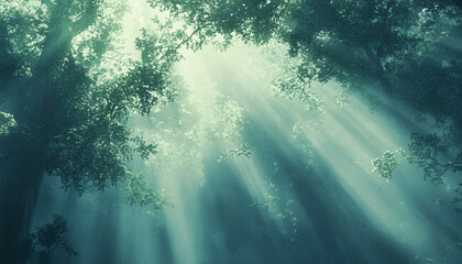 Tall, misty trees with sunlight streaming through the branches, creating a magical and mysterious forest atmosphere