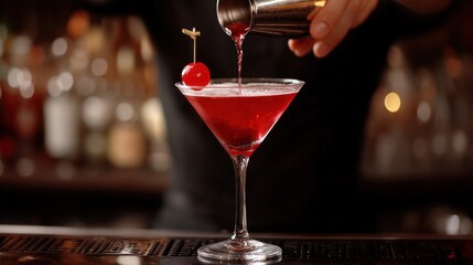 Close-up of a bartender pouring a red cocktail into a martini glass with a cherry garnish.