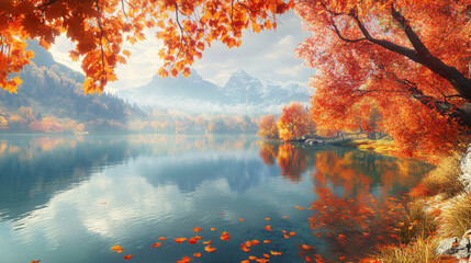 autumn landscape with red leaves and lake reflection in the mountains