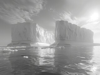 Majestic icebergs rise from the ocean during dawn. Antarctica, cold climate, natural beauty.