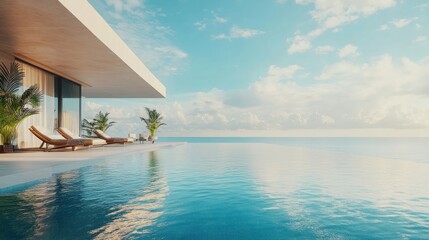 Obraz premium Infinity pool and lounge chairs overlooking the ocean on a bright, clear day.