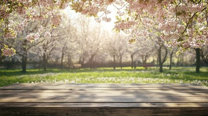 Naklejka premium A spring picnic table background in a park with blooming trees and soft sunlight. 