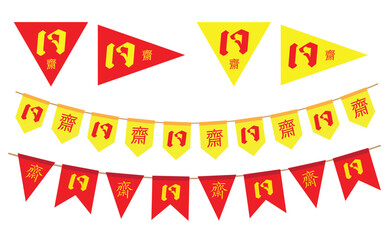 Vegetarian festival Flag, Thai letter and Chinese is mean vegetarian food festival. Vegan festival Flag, Red and Yellow pennant
