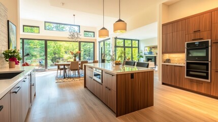 Fototapeta premium Open-concept kitchen with a modern island, dining table, and a cabinet placed near a large window for a clean, airy feel.