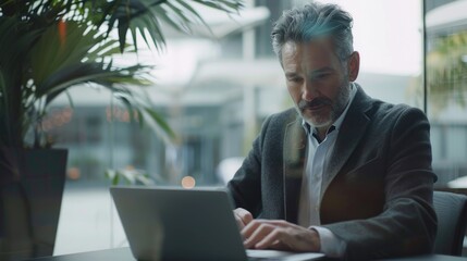 Man with beard using laptop in modern office setting