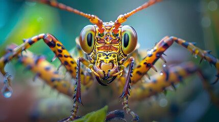 Fototapeta premium Macro photograph of an insect with legs, antennae and eyes. AI Generated