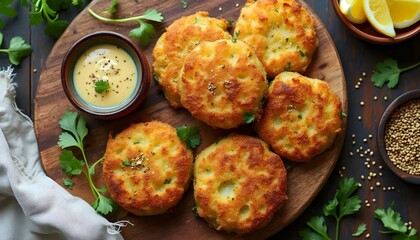Moroccan maakouda potato cakes with a creamy cumin and garlic dipping sauce (Moroccan Cuisine)