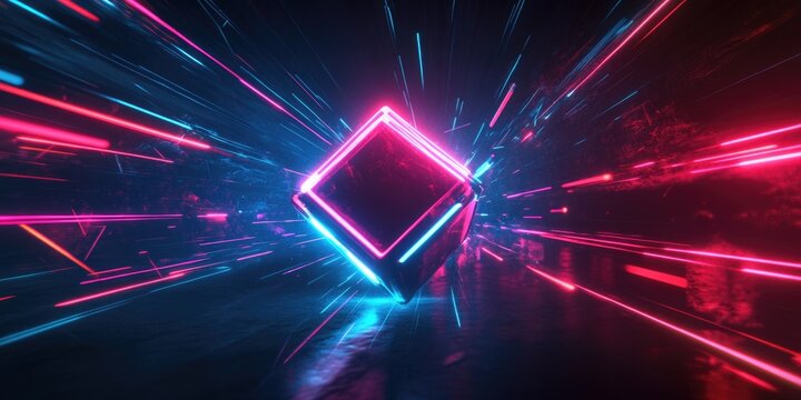 Purple, blue and pink triangular lights creating a vibrant tunnel. Futuristic digital art.