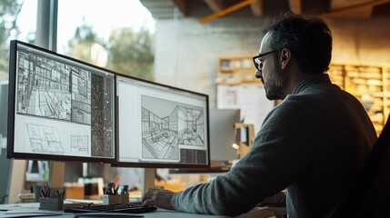 an image of an architect in an office setting, focused on their computer with multiple design windows open. 