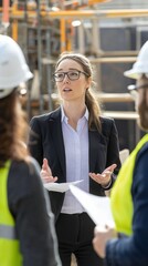 capture a female architect in business attire discussing a project with colleagues at a construction site. 