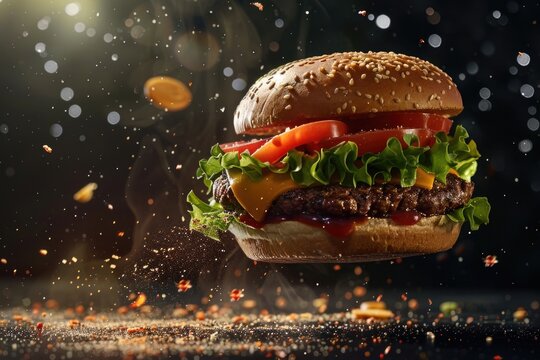 A freshly made burger with pepper flakes, lettuce and tomato falling from it, creating a spicy fast-food experience.