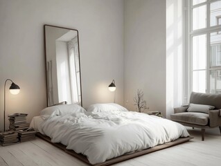 A minimalist bedroom featuring a low, cushioned bed with white bedding, softly glowing table lamps