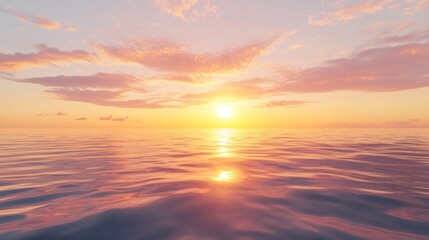 Obraz premium A peaceful sunset over a calm ocean, with soft, golden light reflecting on the water, offering a tranquil and beautiful background scene.