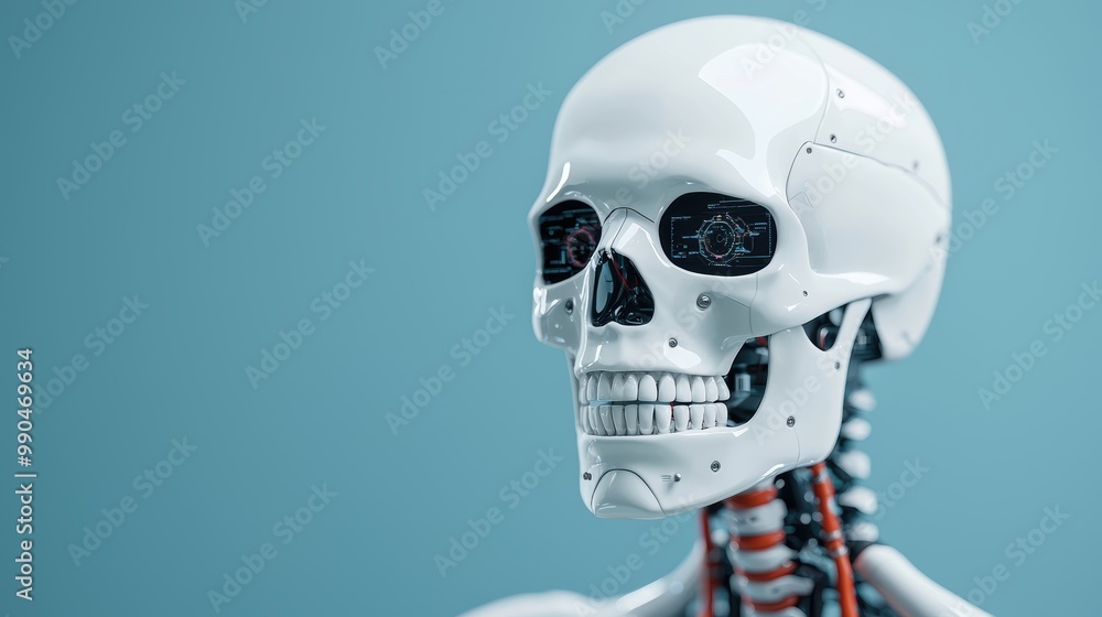 Poster futuristic robot skull with intricate design and detail