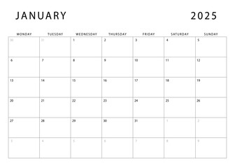 January 2025 calendar. Monthly planner template. Monday start. Vector design