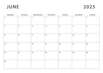 June 2025 calendar. Monthly planner template. Monday start. Vector design