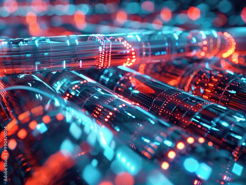 Poster the image depicts a dense network of data cables, symbolizing high-speed digital information transfe