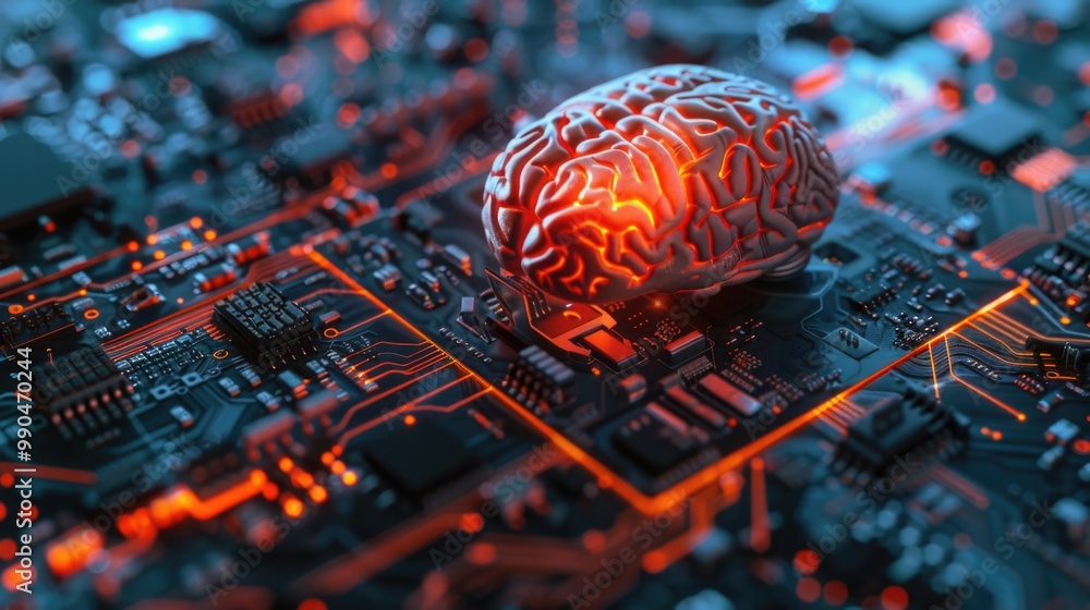 Poster image of a human brain integrated with electronic circuitry, symbolizing advanced technology and the