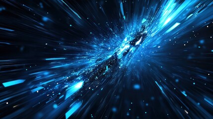 Abstract blue light streaks radiating from a central point with small, sparkling particles.