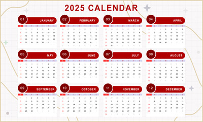 Monthly calendar template of year 2025. Vector design