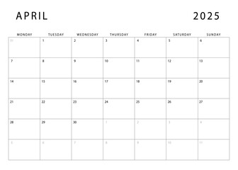 April 2025 calendar. Monthly planner template. Monday start. Vector design