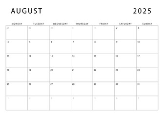 August 2025 calendar. Monthly planner template. Monday start. Vector design