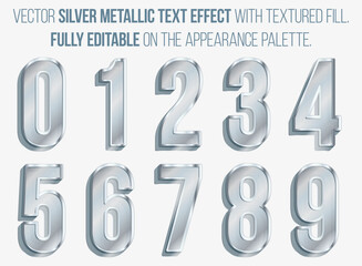 Set of fully editable 3D silver metal shiny numbers with gray textured filling