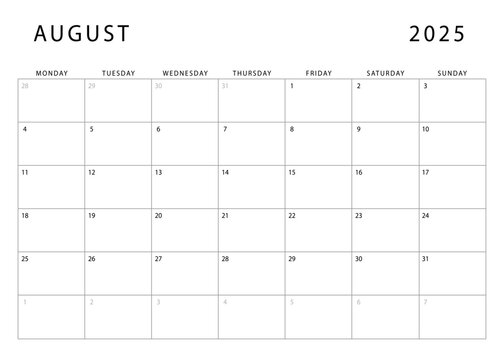 August 2025 calendar. Monthly planner template. Monday start. Vector design