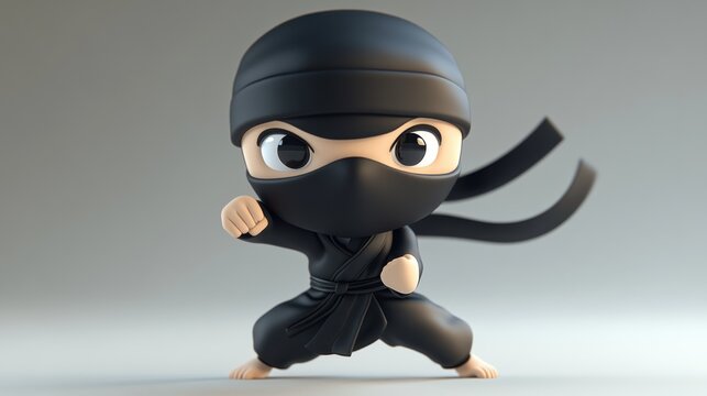 A cute little ninja in a black suit with a black mask and headband, standing in a fighting stance.