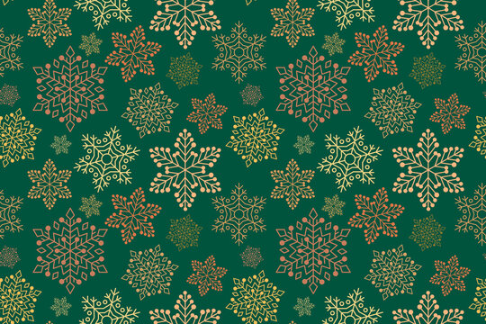 Golden snowflake seamless pattern on green background. Festive Christmas pattern for wrapping paper, textile, cards