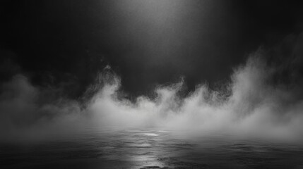 Dramatic foggy scene with a spotlight shining down on a dark water surface.