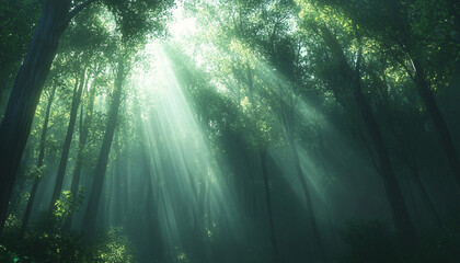 Obraz premium Tall, misty trees with sunlight streaming through the branches, creating a magical and mysterious forest atmosphere