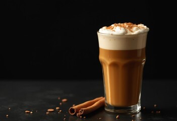 Glass of tasty pumpkin latte with cinnamon and almond on black background